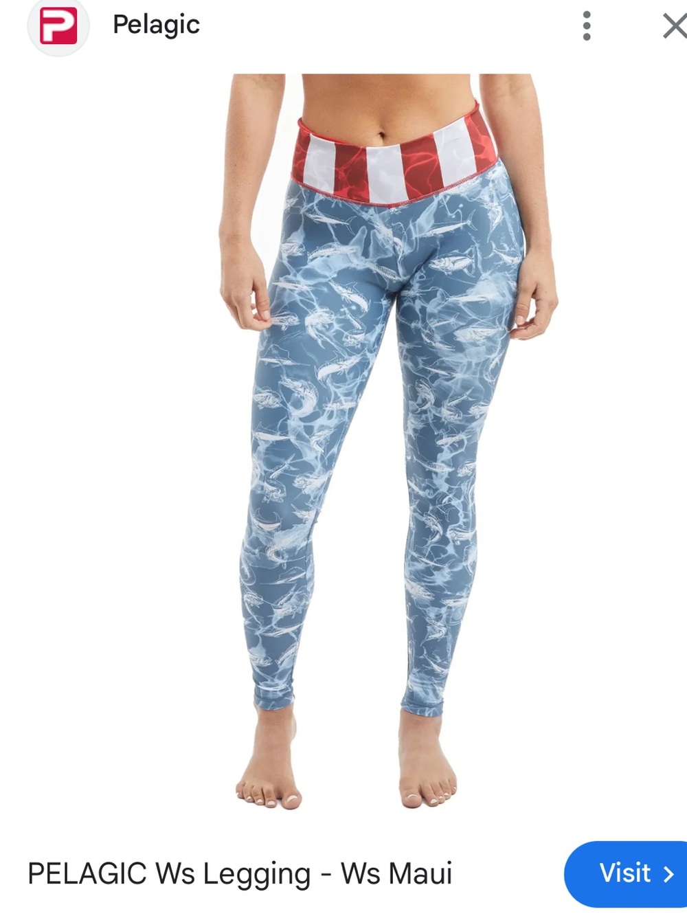 Pelagic ladies Maui Leggings in the Americamo Blue color w/ Red-White Waistband